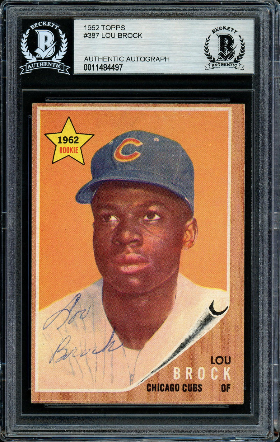Lou Brock Autographed 1962 Topps Rookie Card #387 Chicago Cubs Beckett BAS #11484497