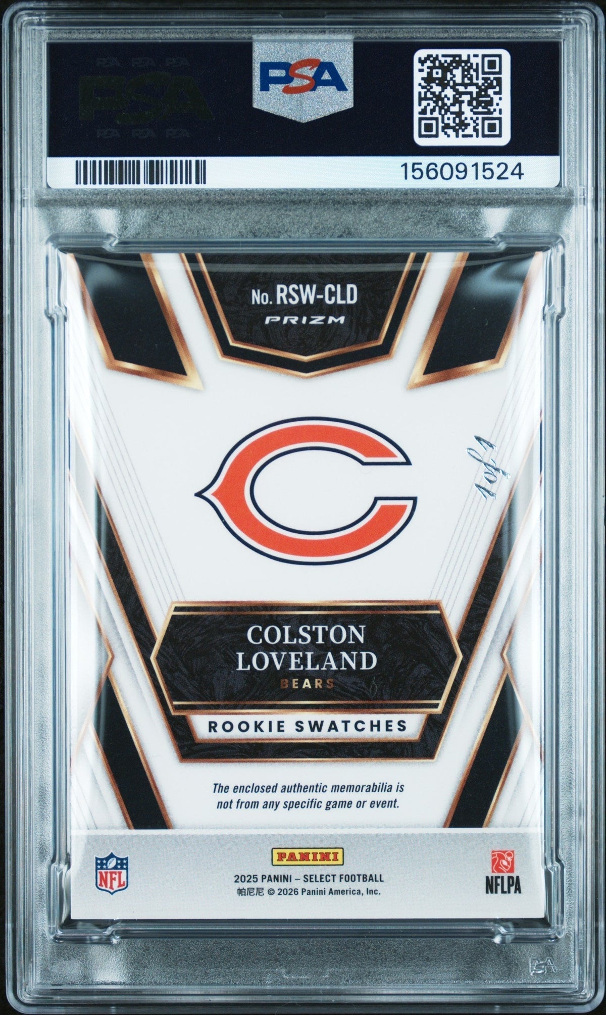 2025 Panini Select Rookie Swatches Rk Swatches-Black Prizm 1/1 Colston Loveland #RSW-CLD PSA 9